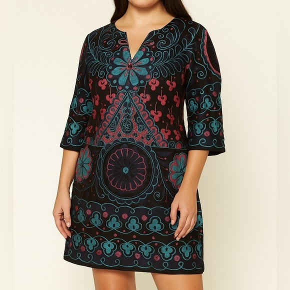 Trina Turk Paisley 3/4 Navy Sheath Notch Dress - Picture 1 of 12
